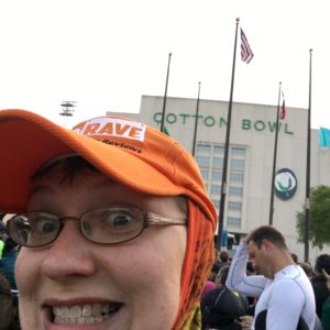 Cotton Bowl selfie. Yes, I wore my Buff over my head, neck, and ears for the whole race.