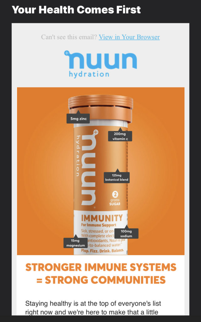 Screen capture photo of an email add for nuun's "Immunity" product