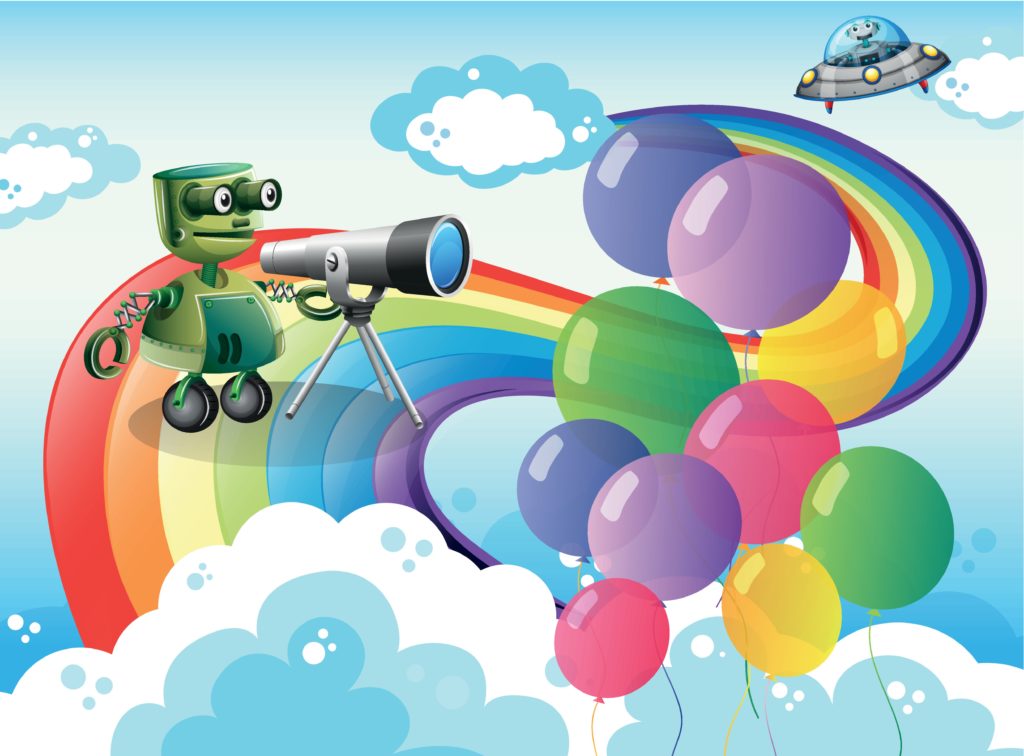 Robot on a rainbow with balloons